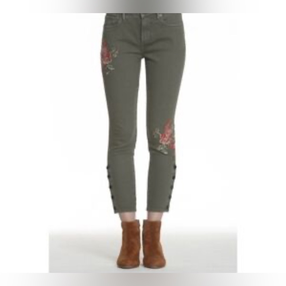 DRIFTWOOD Jackie style Floral Embroidered Green Skinny Jeans with button detail